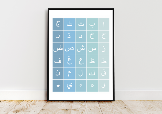 Arabic alphabet poster • Islamic Kids Wall Art Print • Muslim nursery decor • Blue